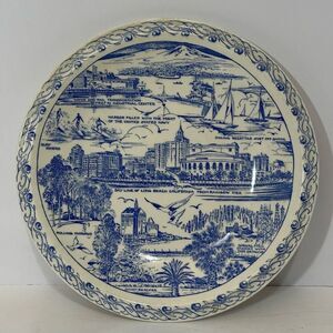 Vernon Kilns White and Blue Long Beach, California Plate 10.25”